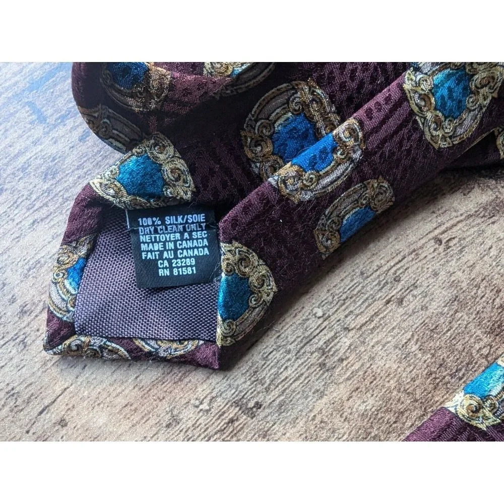 CHRISTIAN DIOR Canada Made Vintage‎ Deep Burgundy Blue Gold Design Men Silk Tie